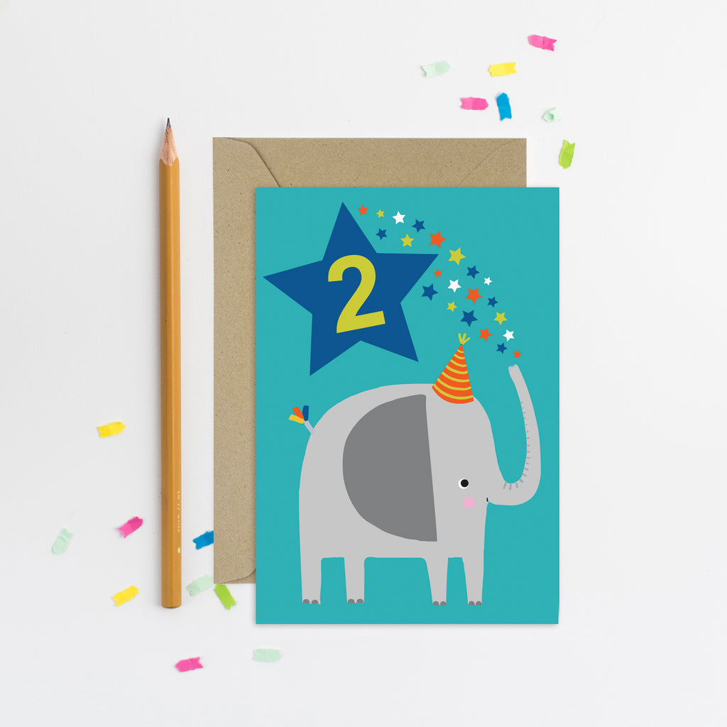 Elephant Blue Age 2 Birthday Card