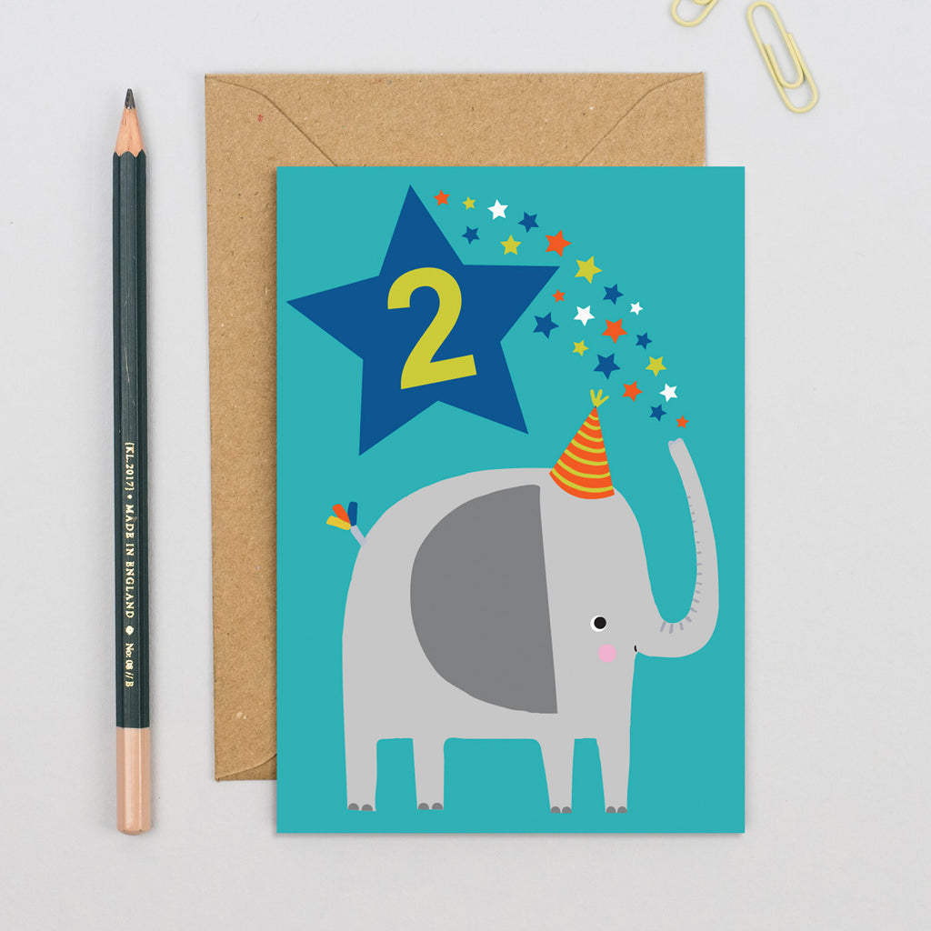 Elephant Blue Age 2 Birthday Card